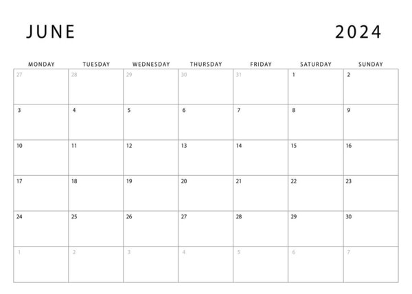 Calendario Junio 2024 Lunes Inicio Plantilla Planificador Mensual Diseño Vectorial — Vector de stock
