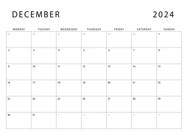 Grudzień 2024 Kalendarz Poniedziałek Miesięczny Szablon Planera Konstrukcja Wektora — Wektor stockowy