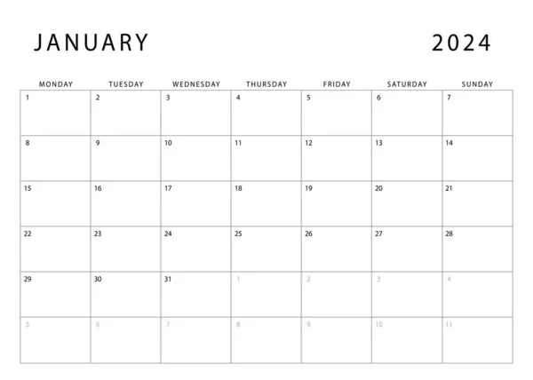 Januari 2024 Kalender Maandag Beginnen Maandelijkse Planner Template Vectorontwerp — Stockvector