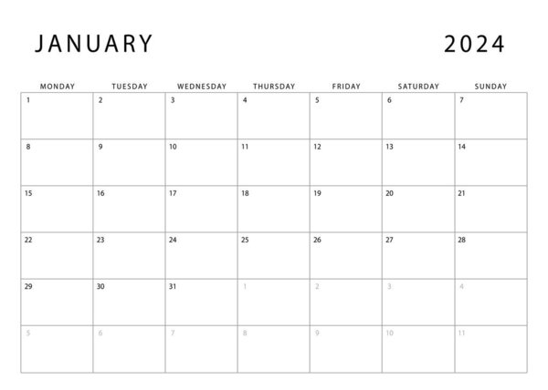 Enero 2024 Calendario Lunes Inicio Plantilla Planificador Mensual Diseño Vectorial — Vector de stock