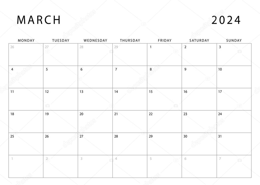 Calendario marzo 2024. Lunes de inicio. Plantilla de planificador