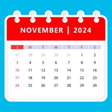 Kasım 2024 takvimi. Pazar başlıyor. Vektör tasarımı