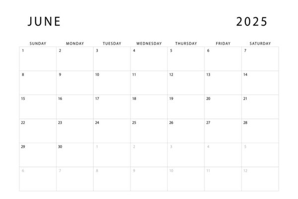 June 2025 calendar. Monthly planner template. Sunday start. Vector design