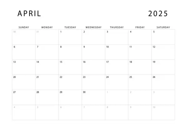 Calendario Abril 2025 Plantilla Planificador Mensual Domingo Empieza Diseño Vectorial Gráficos vectoriales