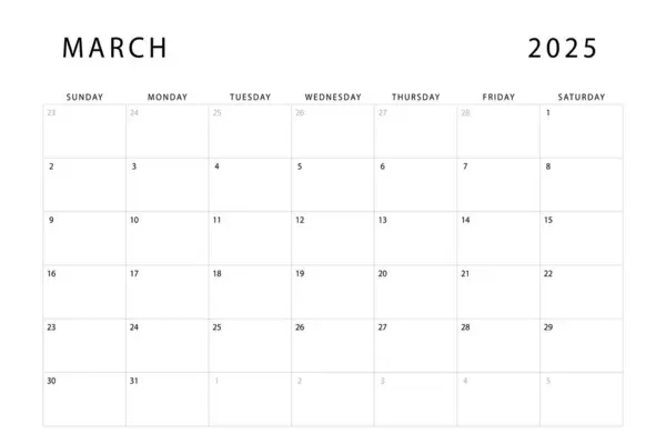 Calendario Marzo 2025 Plantilla Planificador Mensual Domingo Empieza Diseño Vectorial Gráficos vectoriales