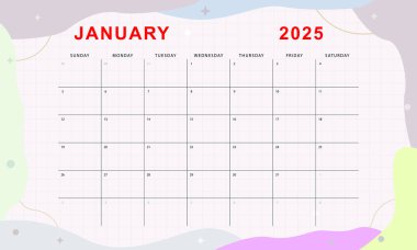 Ocak 2025 aylık planlamacı. Güzel takvim şablonu. Pazar başlıyor. Vektör tasarımı