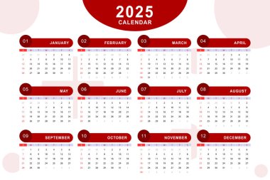 2025 yılının aylık takvim şablonu. Vektör tasarımı