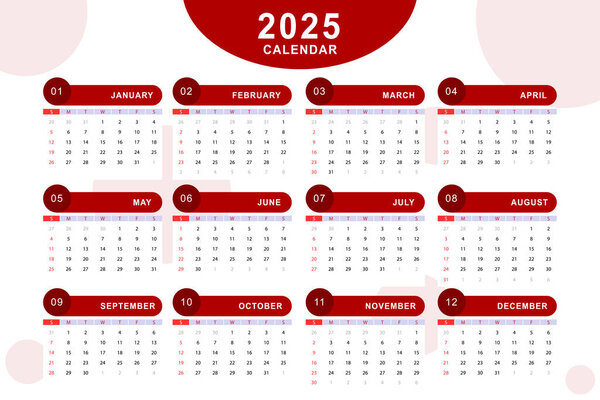 Monthly calendar template of year 2025. Vector design