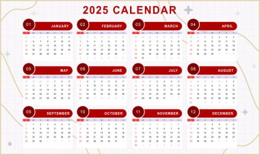 2025 yılının aylık takvim şablonu. Vektör tasarımı