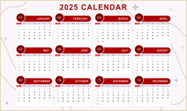 Monthly calendar template of year 2025. Vector design clipart