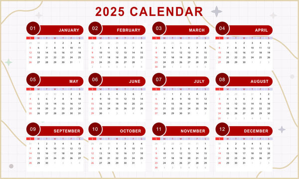 Monthly calendar template of year 2025. Vector design