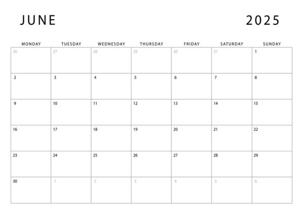 June 2025 calendar. Monthly planner template. Monday start. Vector design