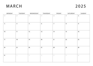 Mart 2025 takvimi. Aylık planlama şablonu. Pazartesi başlıyor. Vektör tasarımı