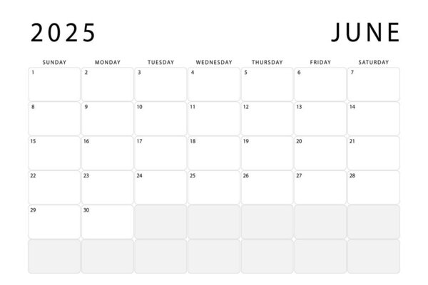 June 2025 monthly planner. Calendar template. Sunday start. Vector design