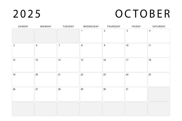 Октябрь 2025 месячный планировщик. Шаблон календаря. Воскресенье начинается. Векторный дизайн