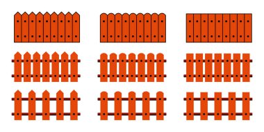 Beyaz arkaplanda izole edilmiş bir grup çit simgesi. Vektör illüstrasyonu.