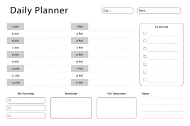 Günlük planlama şablonu. Günlük aktivitelerinizi planlamak ve planlamak için basit bir tasarım.