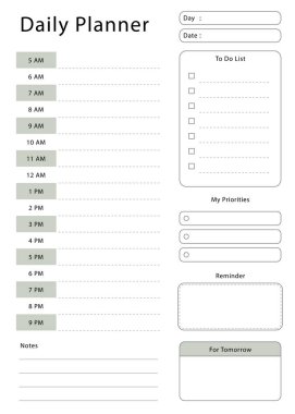Günlük planlama şablonu. Günlük aktivitelerinizi planlamak ve planlamak için basit bir tasarım.