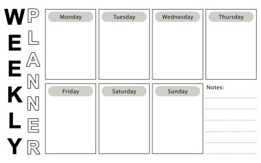 Haftalık plan şablonu. Haftalık aktivitelerinizi planlamak ve planlamak için basit bir tasarım.
