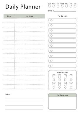 Günlük planlama şablonu. Günlük aktivitelerinizi planlamak ve planlamak için basit bir tasarım.