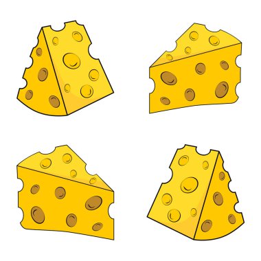 Peynir dilimlerinin dört karikatür vektör çizimi. Çocuk menüleri, eğitim malzemeleri ve mutfak temalı tasarımlar için mükemmel olan eğlenceli ve renkli süt ürünleri simgeleri.