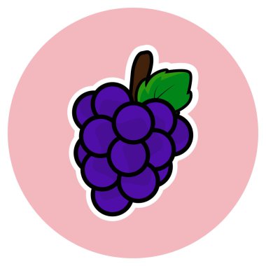Bir demet mor üzüm ve yaprağın taze ve sulu bir ikonu, yemek, şarap ve sağlık tasarımlarında kullanılmak için mükemmel..