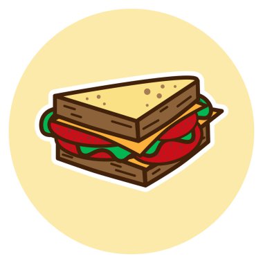 Düz Vektör Sandviç Çizimi: Peynir, Marul ve Domates Modern Gıda Simgesi