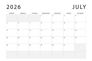 Temmuz 2026 takvimi. Aylık planlama şablonu. Pazar başlıyor. Vektör tasarımı