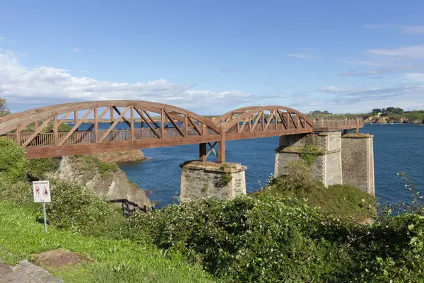 Bereketli yeşillik ve mavi gökyüzü ile sakin okyanus üzerinde tahta yaya köprüsü, beton bir duvarın yanında doğal bir şekilde kurulmuş, araç veya insan yok. Ribadeo, İspanya