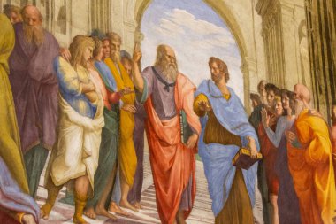 Vatikan, Vatikan - 1 Temmuz 2019: Leonardo da Vinci 'nin Plato ve Aristo' nun Atina Okulu 'ndaki yakın çekimi. Stanza della segnatura