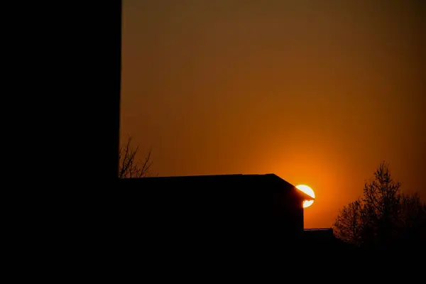 Gün batımında bir ev ve bir ağaç silueti. Yüksek kaliteli fotoğraf.