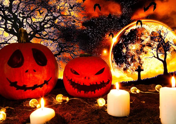 Espeluznante Calabaza Halloween Sobre Fondo Negro Con Linternas Amarillas Velas —  Fotos de Stock