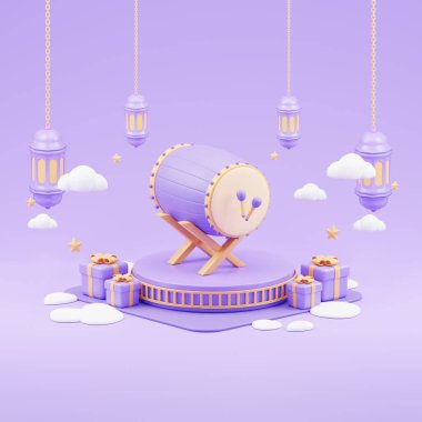 İslami ramazan arkaplanı 3 boyutlu şirin cami ve mor renkli İslami hilal ile selamlıyor