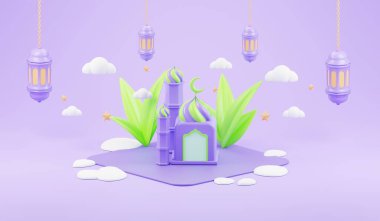 İslami ramazan arkaplanı 3 boyutlu şirin cami ve mor renkli İslami hilal ile selamlıyor