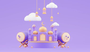 İslami ramazan arkaplanı 3 boyutlu şirin cami ve mor renkli İslami hilal ile selamlıyor