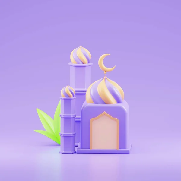 islamic ramadan greeting background with cute 3d mosque and islamic crescent with purple color