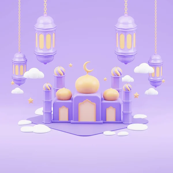 Islamic Ramadan Greeting Background Cute Mosque Islamic Crescent Purple Color — Stock Photo, Image