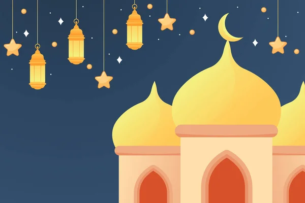 Happy Eid Fitr Cartoon Banner Cute Lantern Crescent Moon Background — Stock Photo, Image