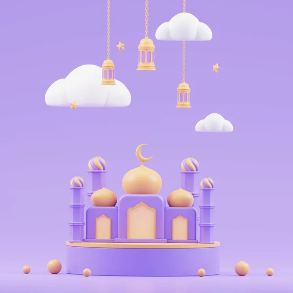Islamic Ramadan Greeting Background Cute Mosque Islamic Crescent Moon Purple — Stock Photo, Image