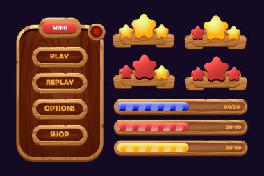 Ahşap ve altın desenli çizgi film arayüzü ögelerinin oyun düğmeleri