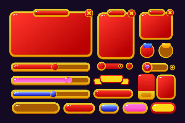 Set of game assets menu buttons popup screens and settings buttons red and yellow