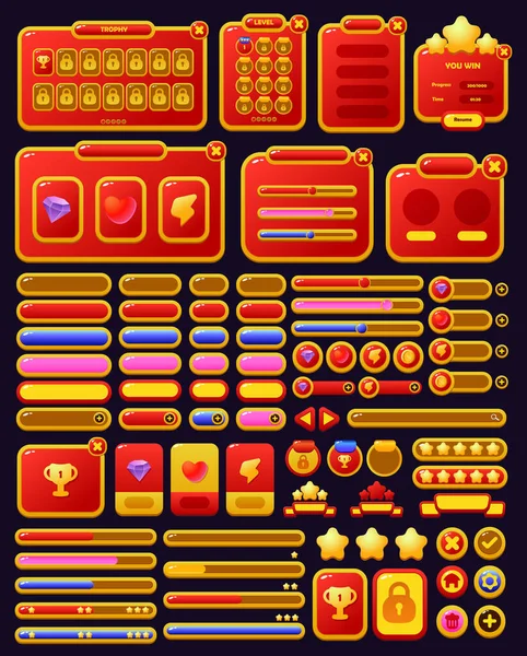 一组游戏资产菜单按钮弹出屏幕和设置按钮红色和黄色 — 图库矢量图片
