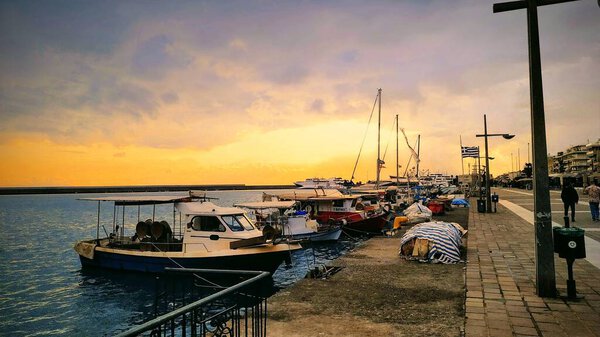 Sunset at the Port of Kalamata, a city in Southern Greece in the Peloponnese, June 2025