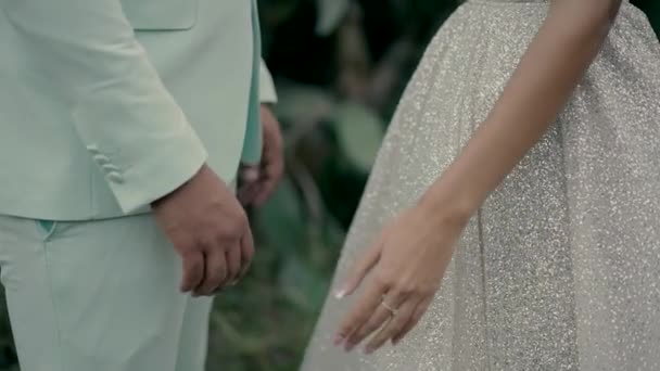 オープンエリアに立つ花嫁とグルーメが手を結ぶ スローモーションビデオ — ストック動画