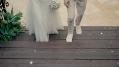 Gelin ve damat merdivenlerden çıkıyor. Yüksek kaliteli FullHD görüntüler
