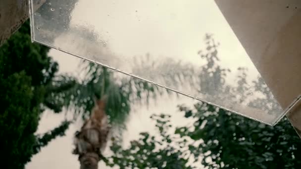 Close Slow Motion Shot Raindrops Falling Glass Awning Rainy Depressing — Vídeo de Stock