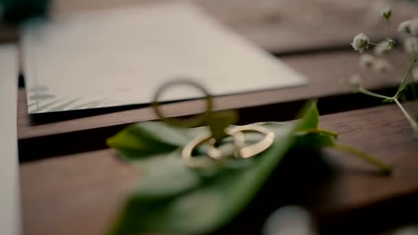 Slow Motion Two Wedding Rings Lie Green Leaves Wooden Table — Stok video