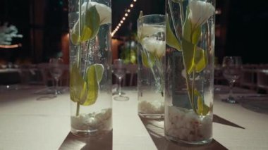 Vases with white flowers on the table in the hall. High quality FullHD footage