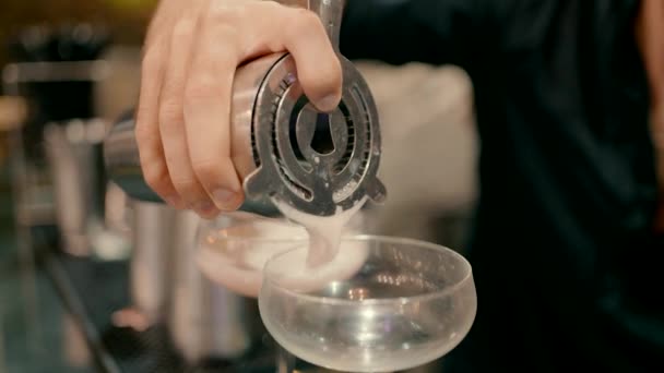 Bartender Pours Cocktail Shaker Glass Slow Motion Close — Stock Video