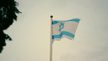 İsrail bayrağı rüzgarda dalgalanıyor. Gökyüzü ve arka planda ağaçlar var. İsrail bayrağının rüzgarda ağır çekimde çekilmesi.